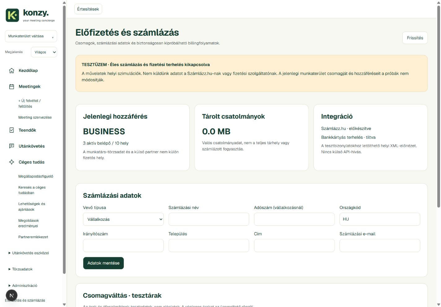 Előfizetés és számlázás oldal, jól látható tesztüzemi jelzéssel.