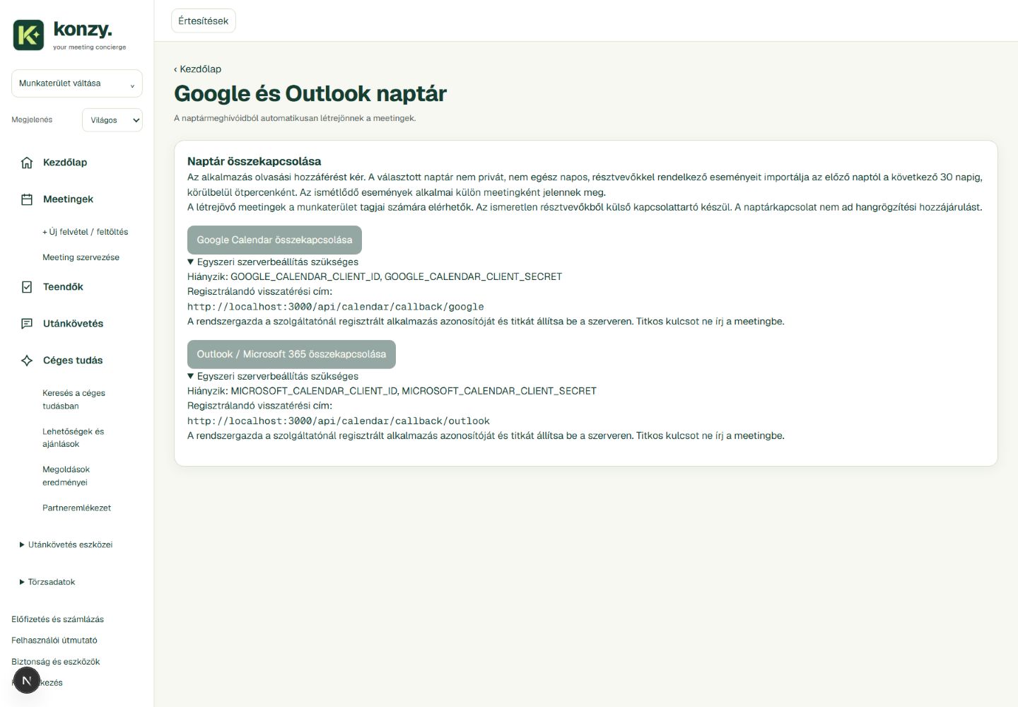 Naptárkapcsolatok felület Google és Outlook gombbal, kiválasztott naptárral és szinkronizálási állapottal.